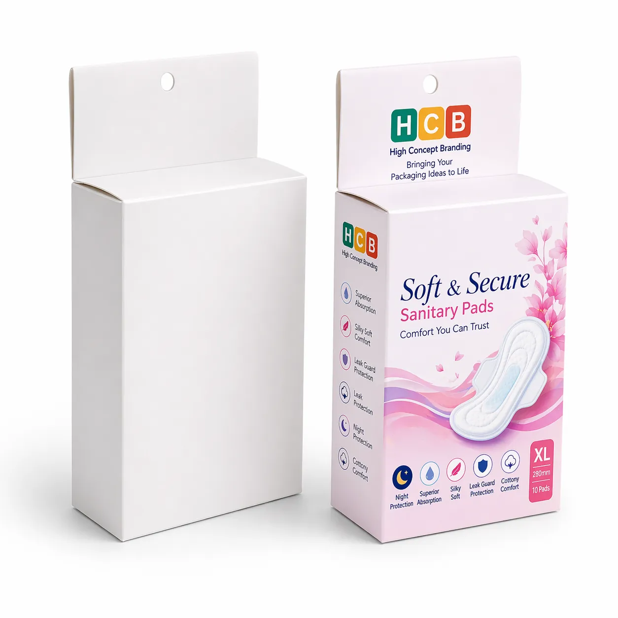 Two vertical retail boxes with hanging tabs, featuring pink floral artwork and sanitary pad product information. class=